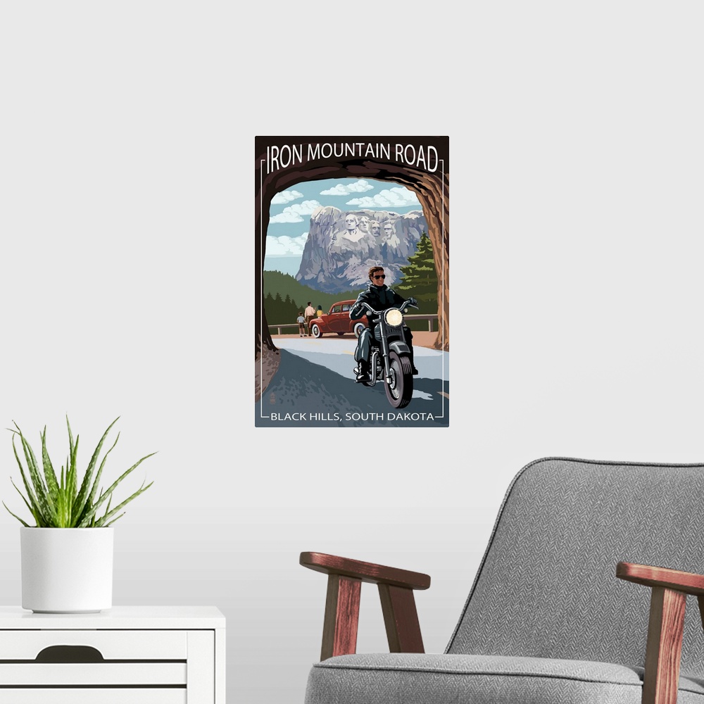 A modern room featuring Black Hills, South Dakota - Iron Mountain Road Biker Scene: Retro Travel Poster
