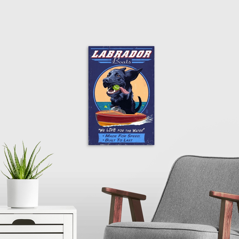 A modern room featuring Black Labrador, Retro Boats Ad