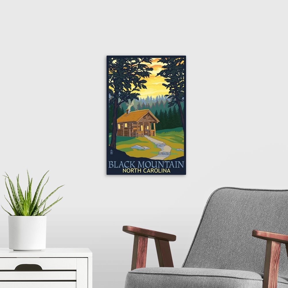 A modern room featuring Retro stylized art poster of a cabin with smoke billowing out the chimney, in a forest.
