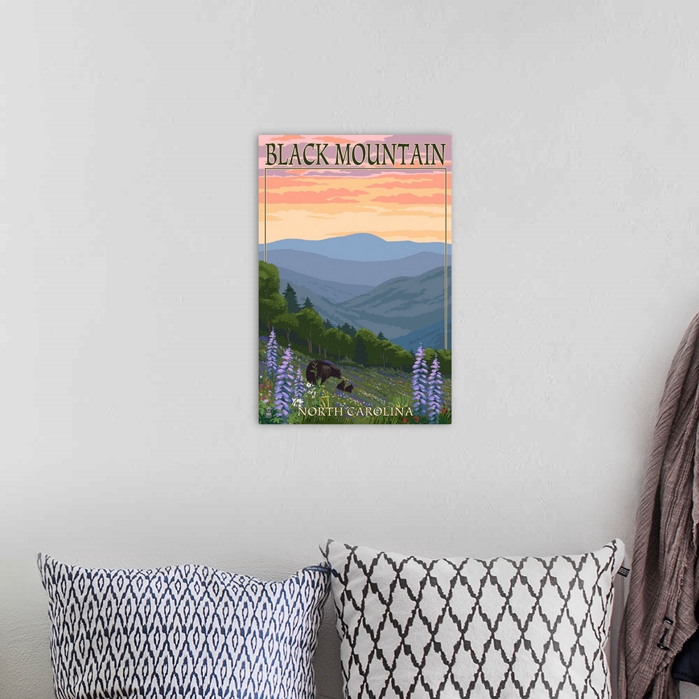 A bohemian room featuring Black Mountain, North Carolina - Spring Flowers and Bear Family: Retro Travel Poster