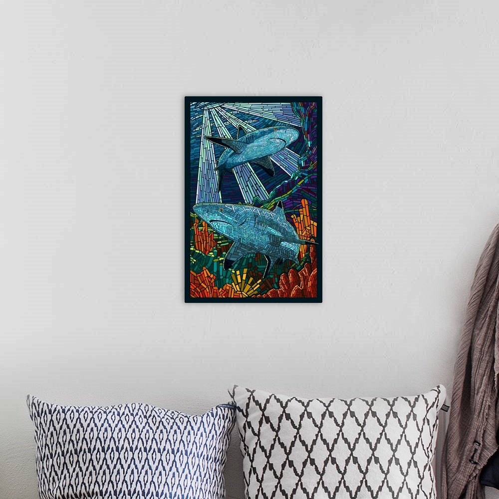 A bohemian room featuring Black Tip Reef Shark - Paper Mosaic: Retro Poster Art