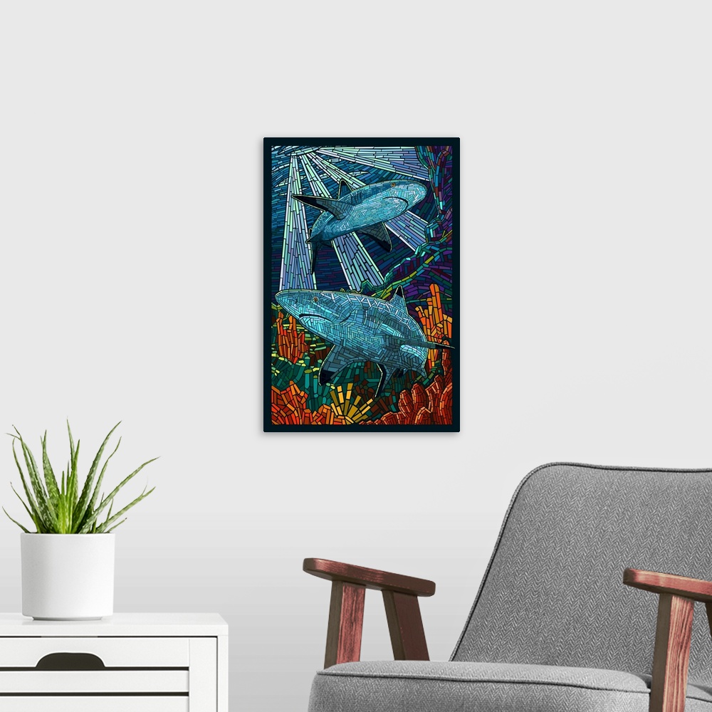 A modern room featuring Black Tip Reef Shark - Paper Mosaic: Retro Poster Art