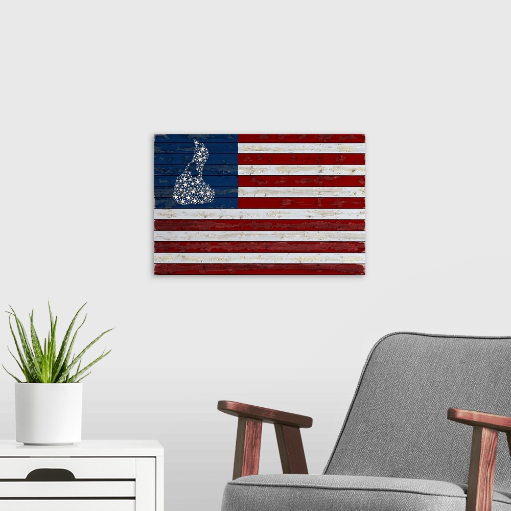 A modern room featuring Block Island, Rhode Island, Flag.