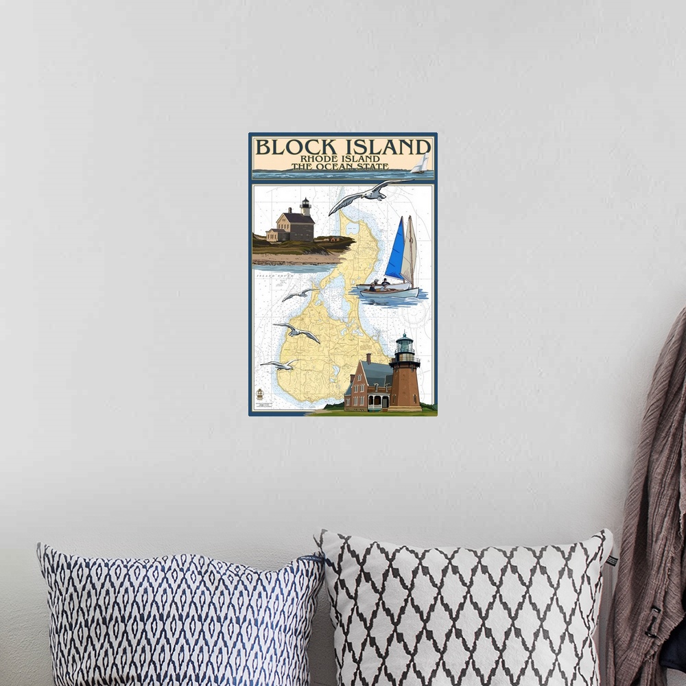 A bohemian room featuring Block Island, Rhode Island - Nautical Chart: Retro Travel Poster