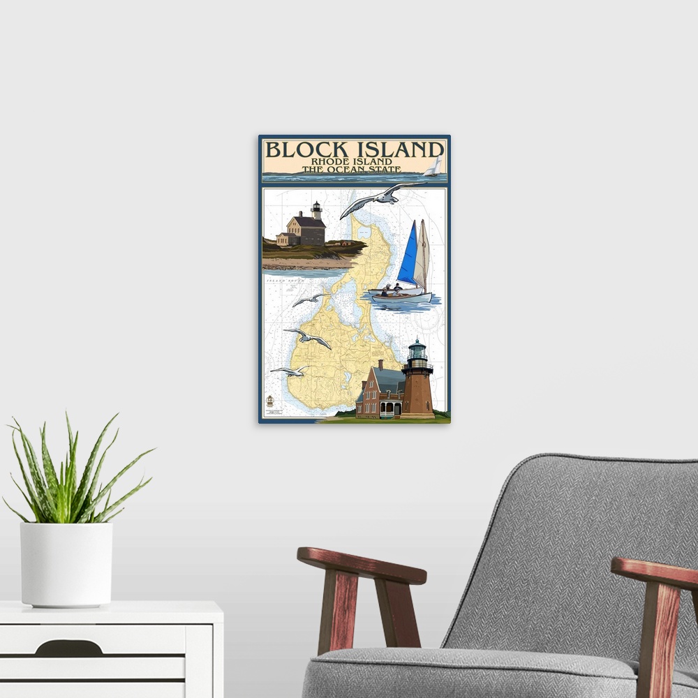 A modern room featuring Block Island, Rhode Island - Nautical Chart: Retro Travel Poster