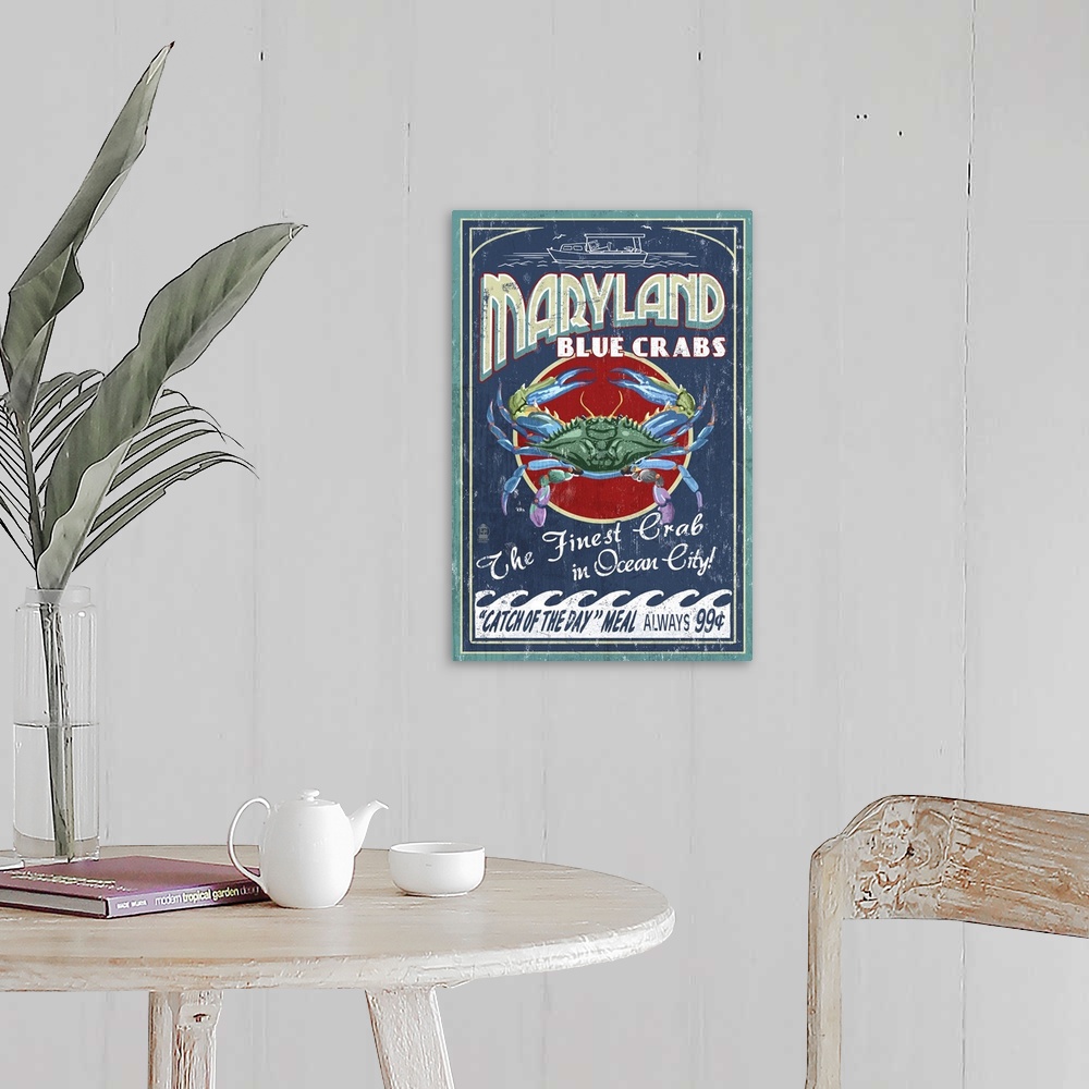 A farmhouse room featuring Retro stylized art poster of seafood market sign displaying blue crab.