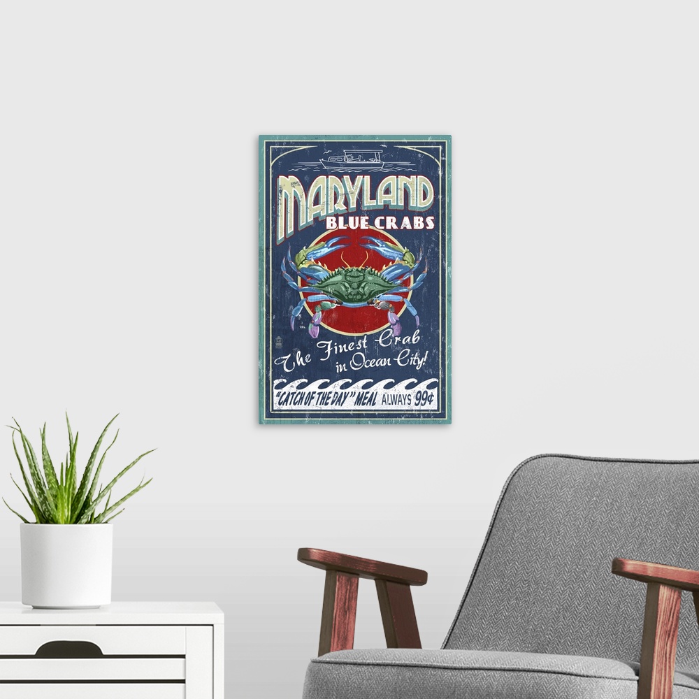 A modern room featuring Retro stylized art poster of seafood market sign displaying blue crab.