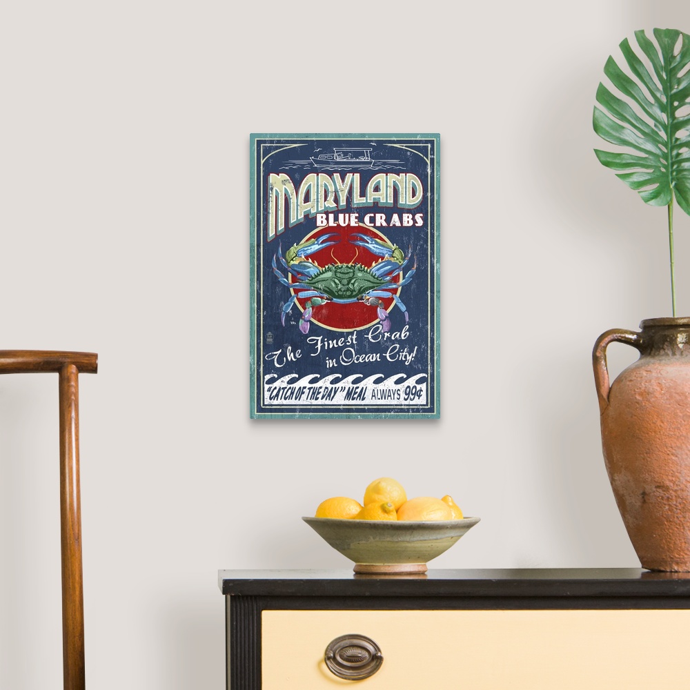 A traditional room featuring Retro stylized art poster of seafood market sign displaying blue crab.