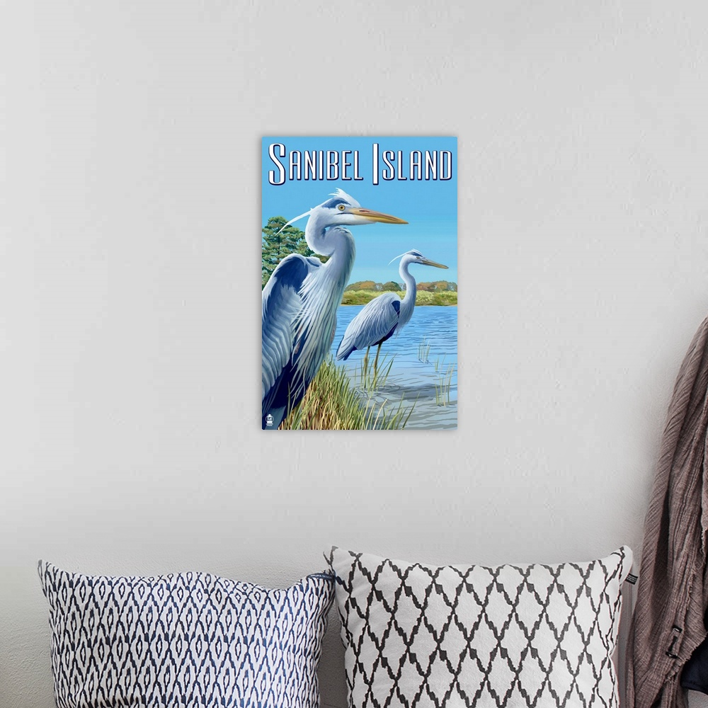A bohemian room featuring Blue Heron - Sanibel Island, Florida: Retro Travel Poster
