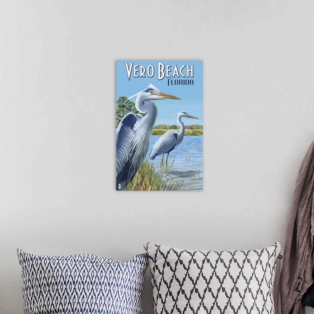A bohemian room featuring Blue Heron - Vero Beach, Florida: Retro Travel Poster