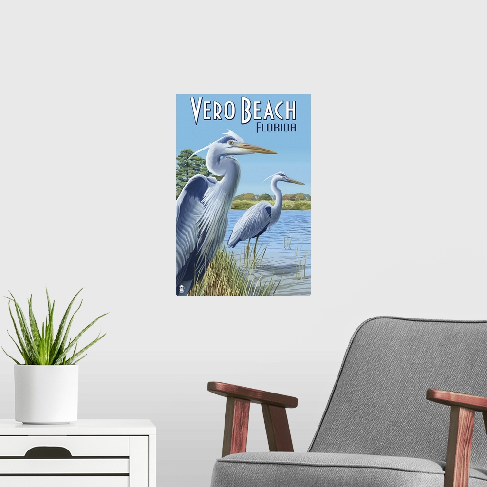 A modern room featuring Blue Heron - Vero Beach, Florida: Retro Travel Poster