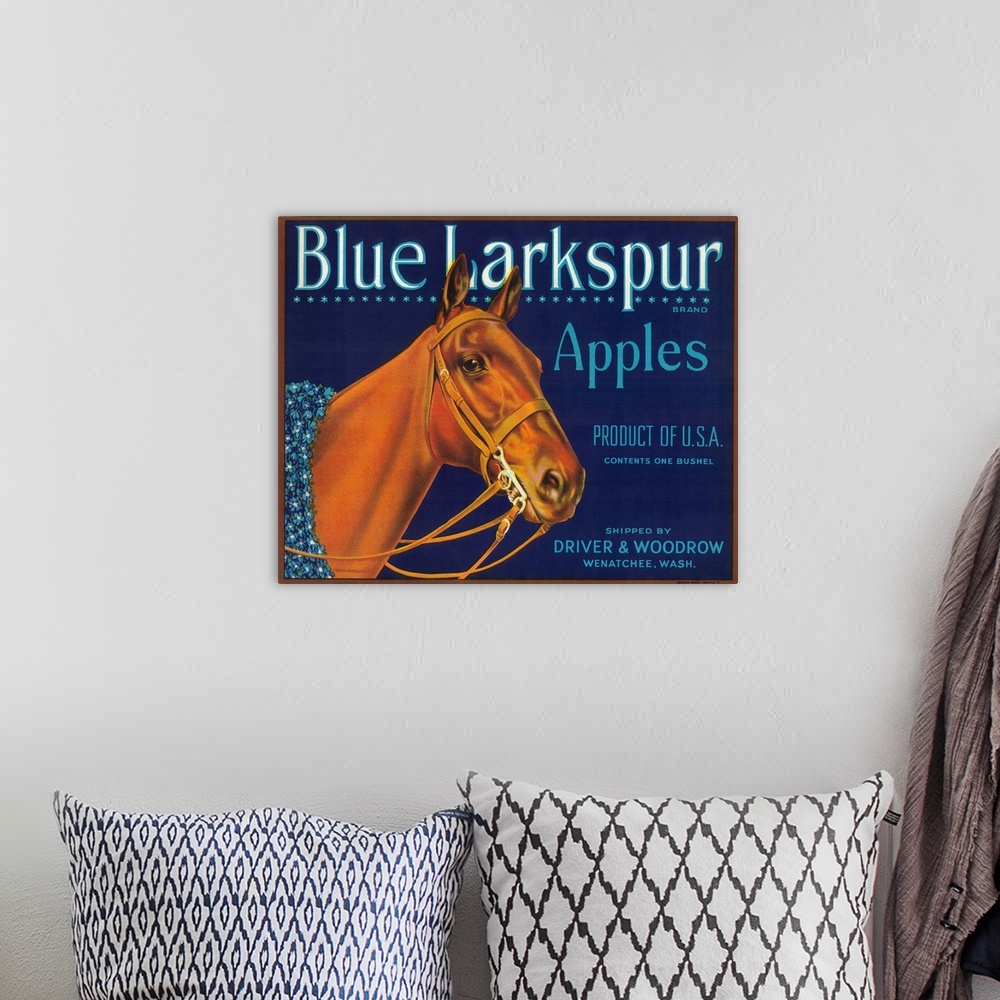 A bohemian room featuring Blue Larkspur Apple Label, Wenatchee, WA