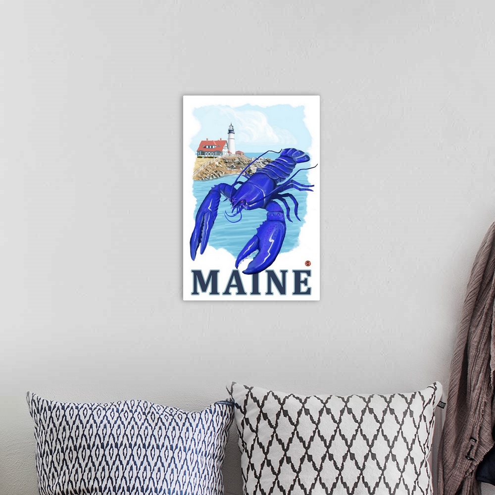 A bohemian room featuring Blue Lobster and Portland Lighthouse - Maine: Retro Travel Poster