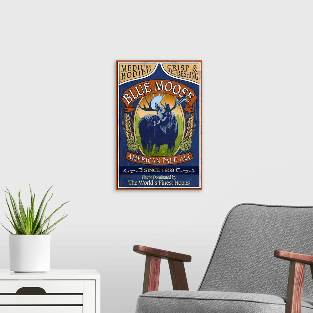 A modern room featuring Blue Moose Pale Ale, Vintage Sign