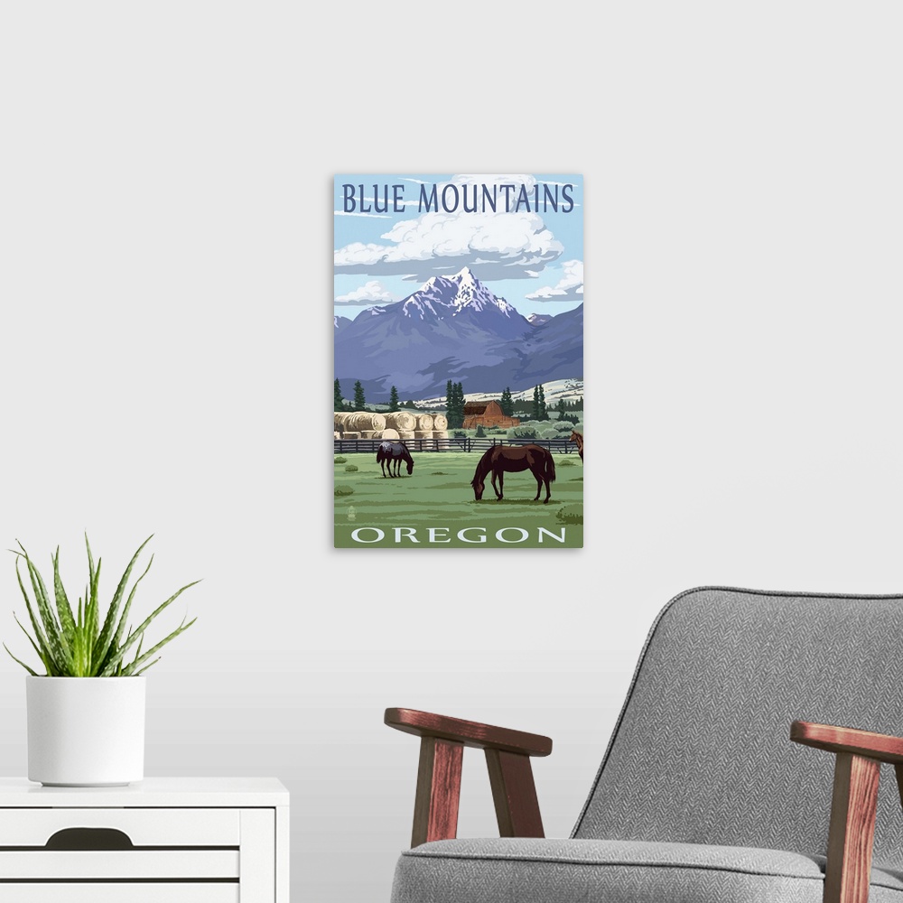 A modern room featuring Blue Mountains Scene - Oregon: Retro Travel Poster