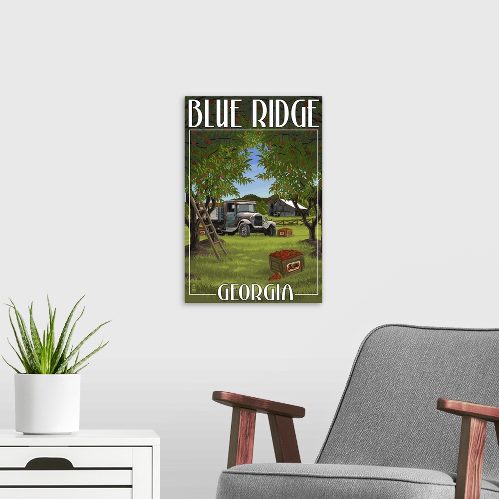A modern room featuring Retro stylized art poster of a vintage truck parked in an apple orchard.