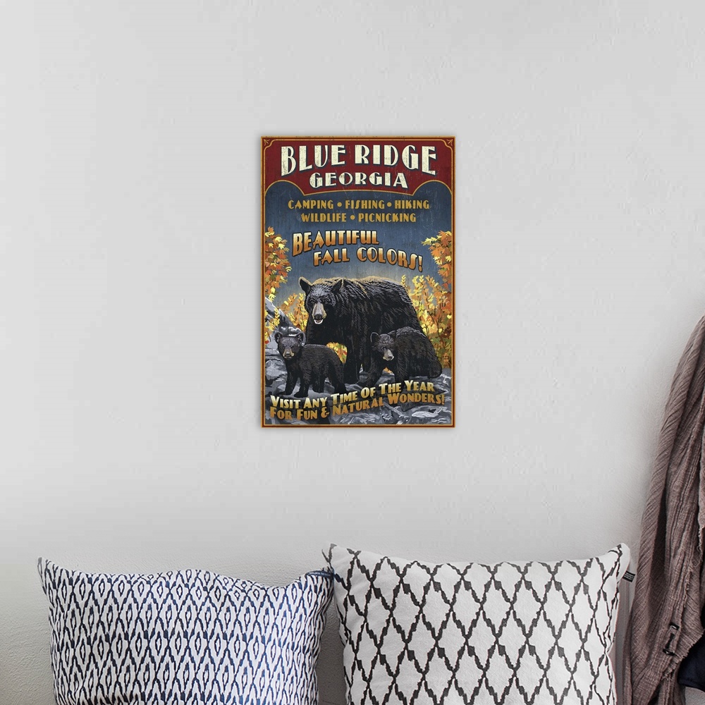 A bohemian room featuring Blue Ridge, Georgia - Black Bear Family Vintage Sign: Retro Travel Poster