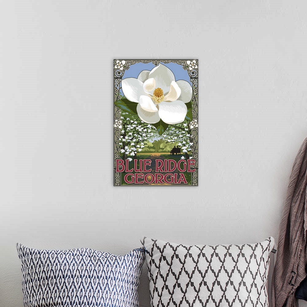 A bohemian room featuring Retro stylized art poster of a magnolia blossom and a silhouetted couple seated on a park bench