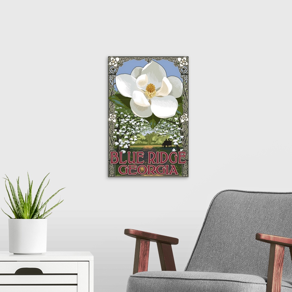 A modern room featuring Retro stylized art poster of a magnolia blossom and a silhouetted couple seated on a park bench