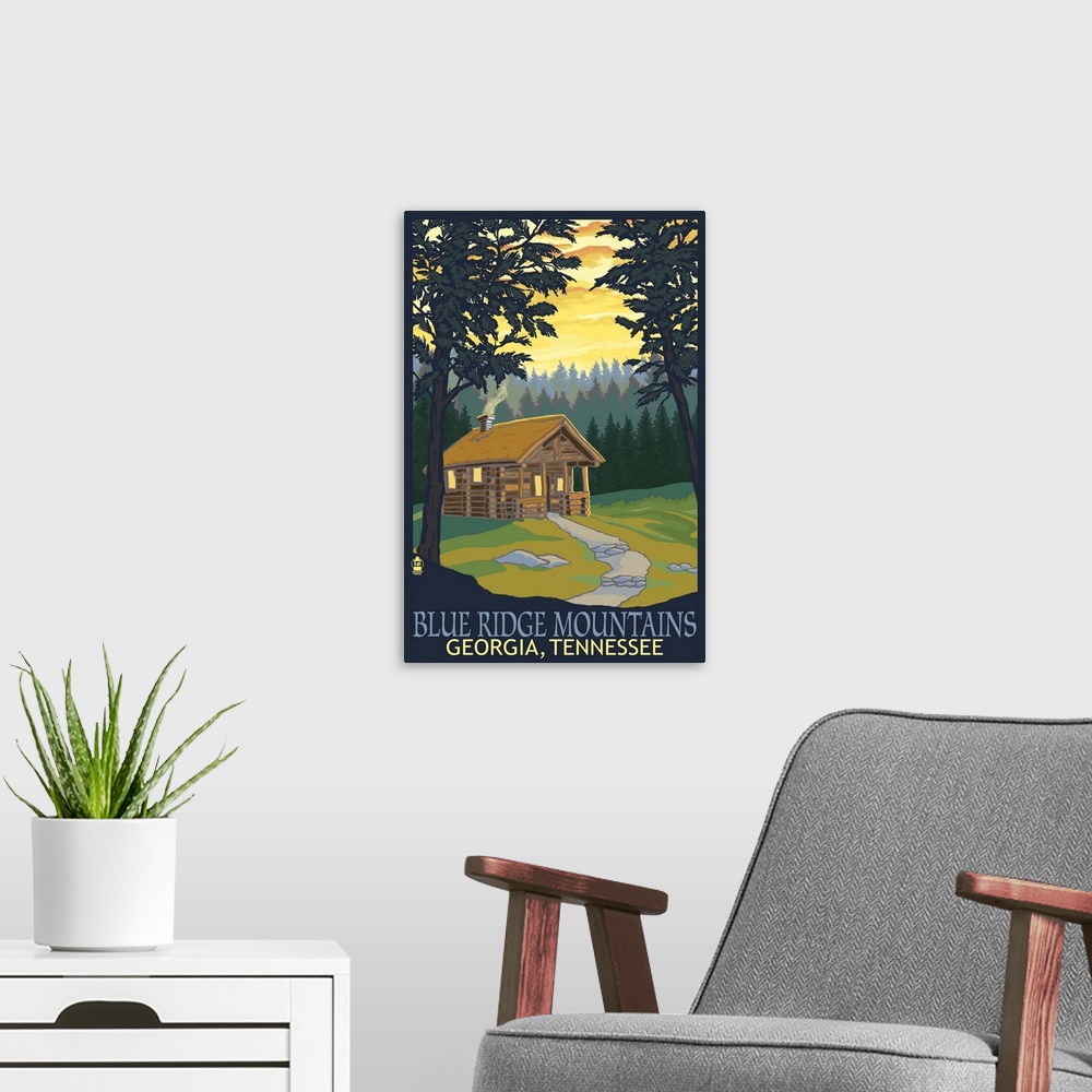 A modern room featuring Blue Ridge Mountains - Cabin in Woods: Retro Travel Poster