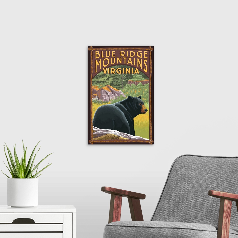 A modern room featuring Retro stylized art poster of a black bear in the wild.