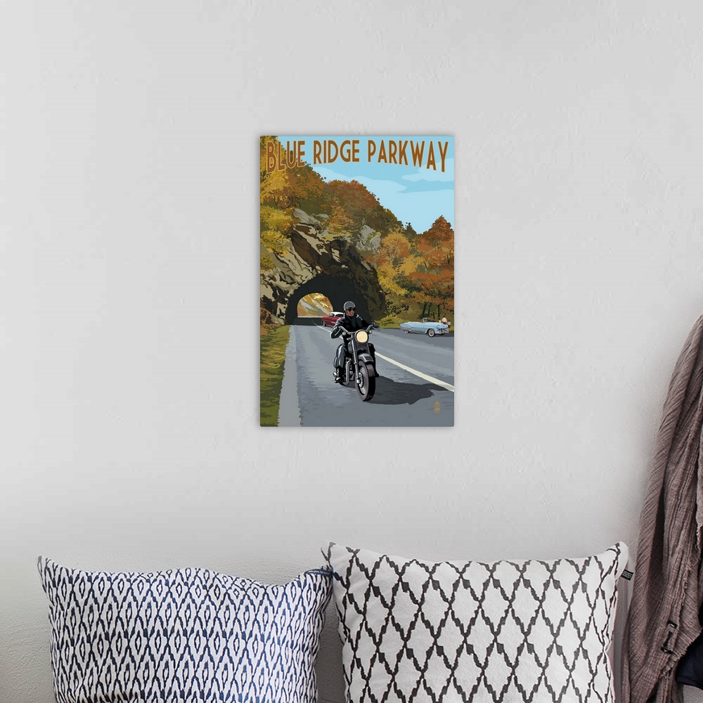 A bohemian room featuring Blue Ridge Parkway - Motorcycle Scene: Retro Travel Poster
