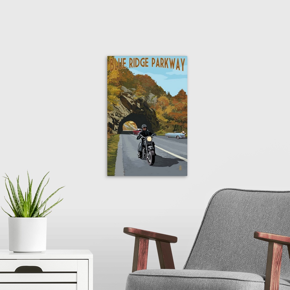 A modern room featuring Blue Ridge Parkway - Motorcycle Scene: Retro Travel Poster