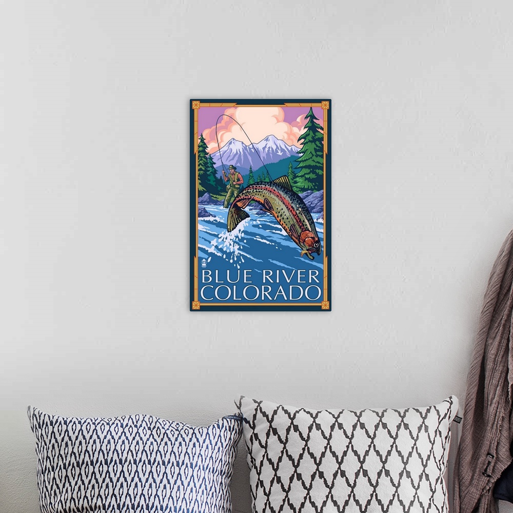 A bohemian room featuring Blue River, Colorado - Fly Fisherman: Retro Travel Poster