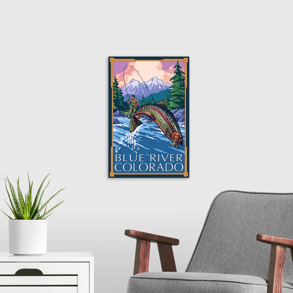 A modern room featuring Blue River, Colorado - Fly Fisherman: Retro Travel Poster