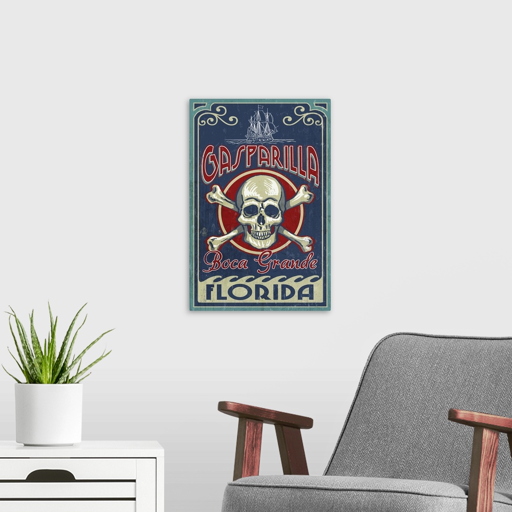 A modern room featuring Boca Grande, Florida - Gasparilla Skull and Crossbones: Retro Travel Poster