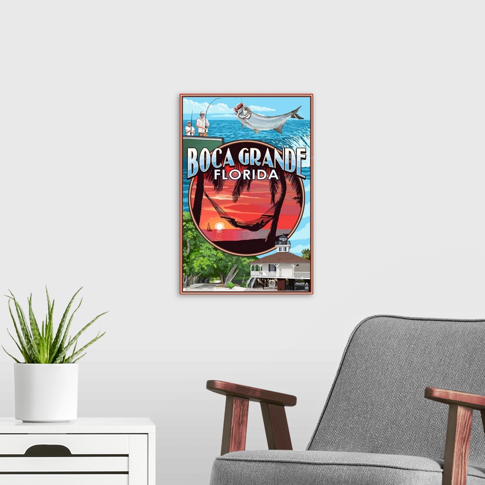 A modern room featuring Retro stylized art poster of a low light house on a sandy beach where a couple walks up among the...