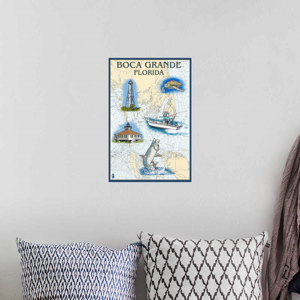 A bohemian room featuring Retro stylized art poster of a two light houses, a fishing boat, sea turtle, and a leaping fish o...