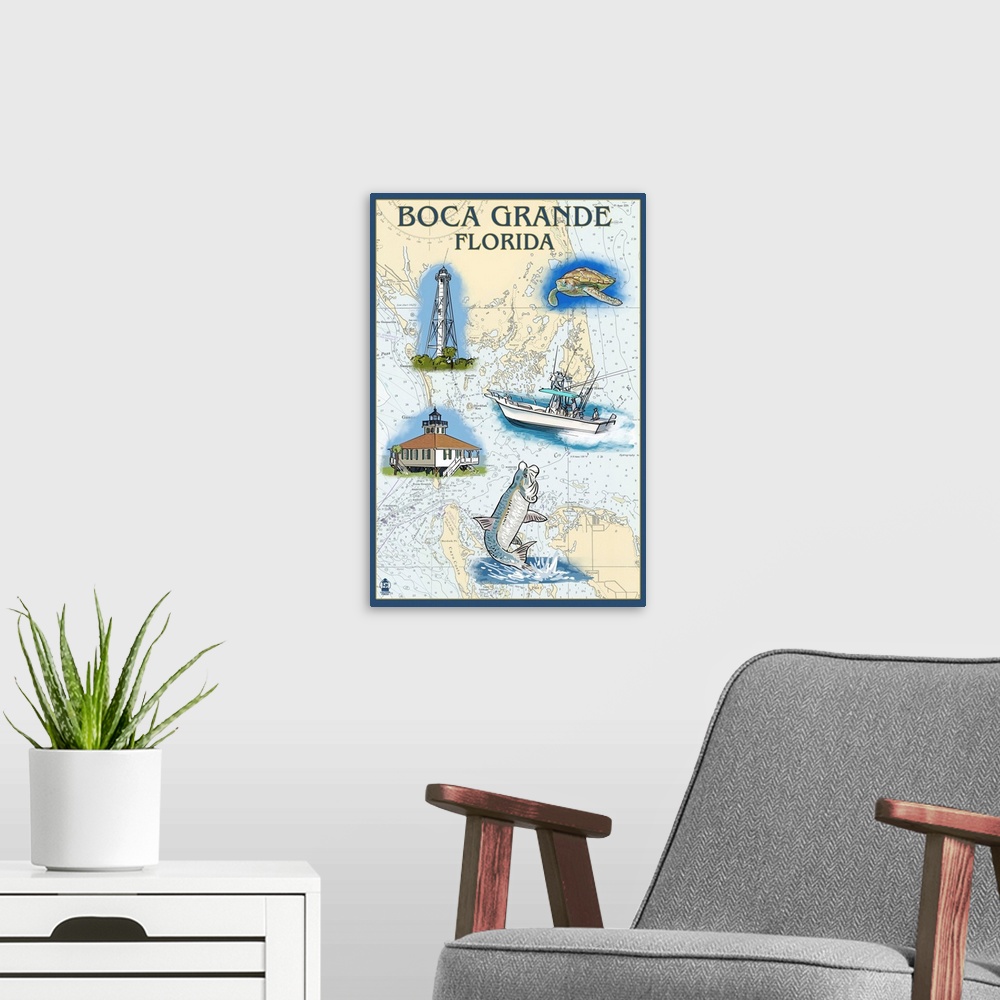 A modern room featuring Retro stylized art poster of a two light houses, a fishing boat, sea turtle, and a leaping fish o...
