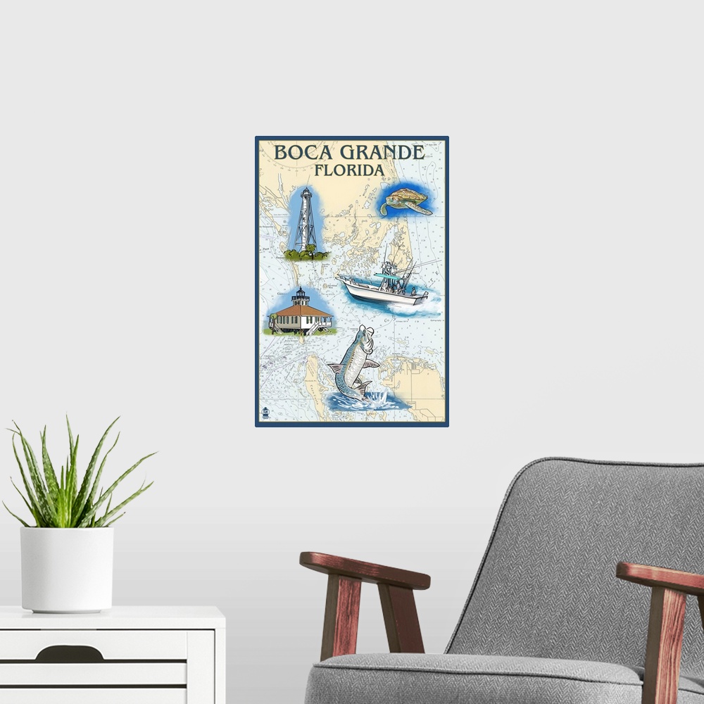 A modern room featuring Retro stylized art poster of a two light houses, a fishing boat, sea turtle, and a leaping fish o...