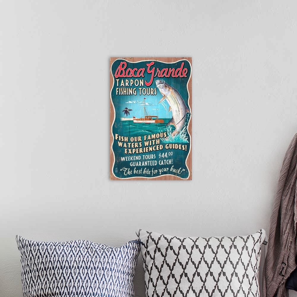 A bohemian room featuring Boca Grande, Florida, Tarpon Fishing Tours Vintage Sign