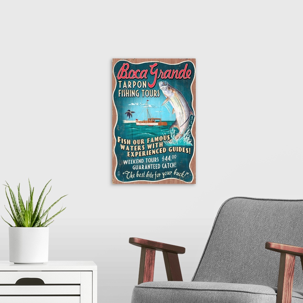 A modern room featuring Boca Grande, Florida, Tarpon Fishing Tours Vintage Sign