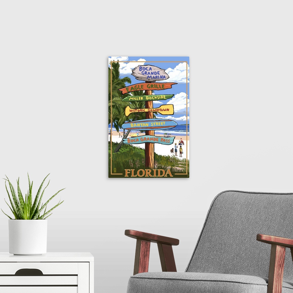 A modern room featuring Boca Grande Marina, Florida - Destination Signpost: Retro Travel Poster