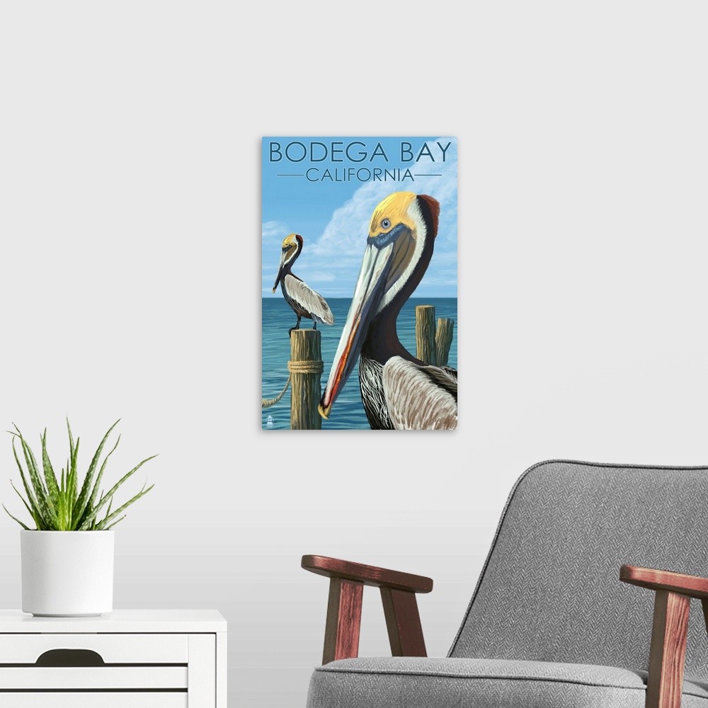A modern room featuring Bodega Bay, California - Brown Pellican: Retro Travel Poster