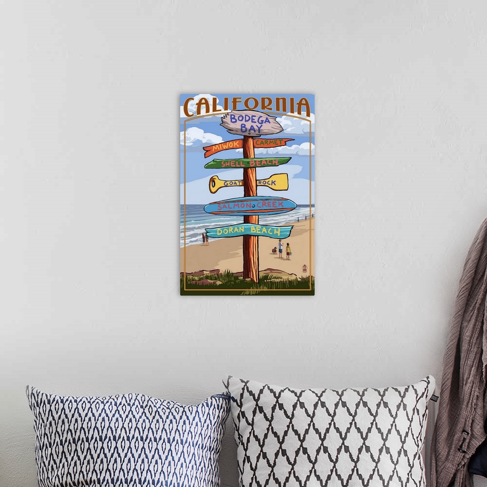 A bohemian room featuring Bodega Bay, California, Destination Signpost