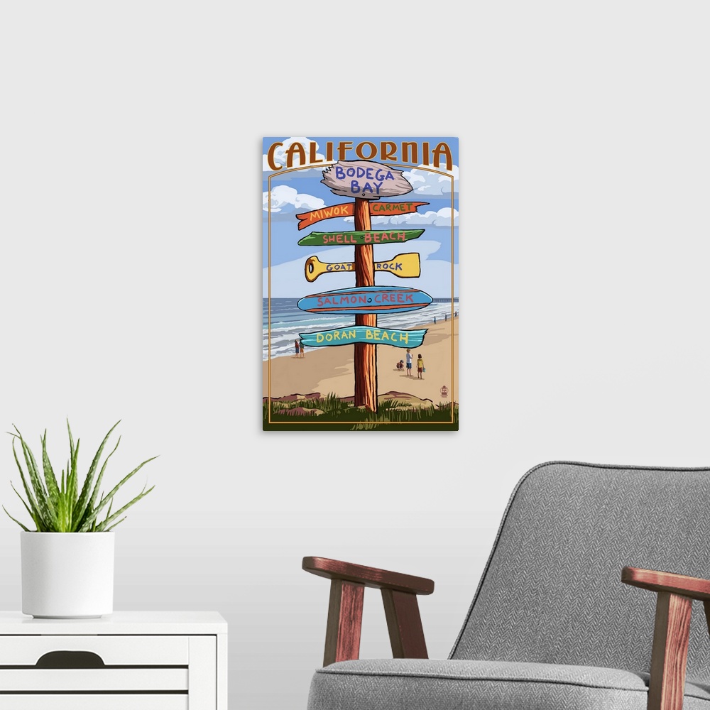A modern room featuring Bodega Bay, California, Destination Signpost