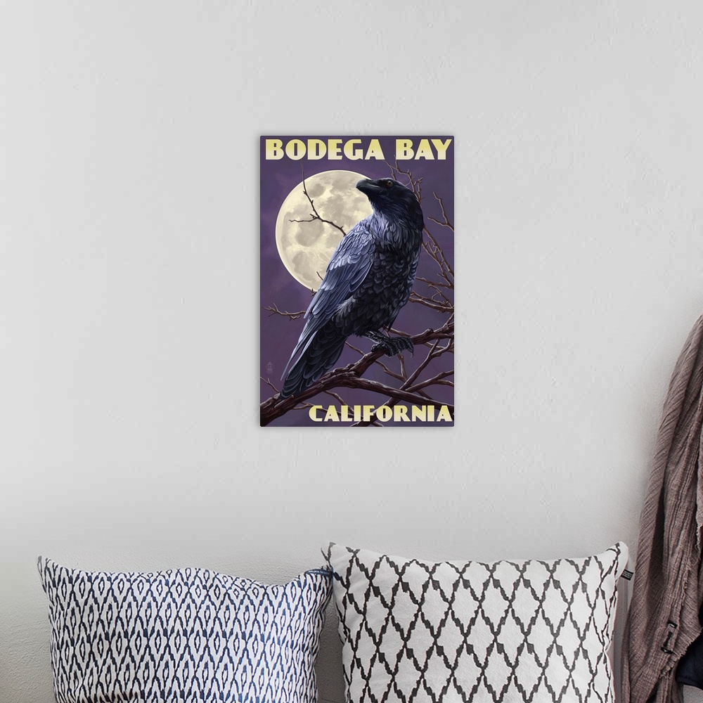 A bohemian room featuring Bodega Bay, California - Raven: Retro Travel Poster
