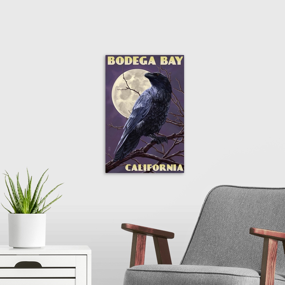 A modern room featuring Bodega Bay, California - Raven: Retro Travel Poster