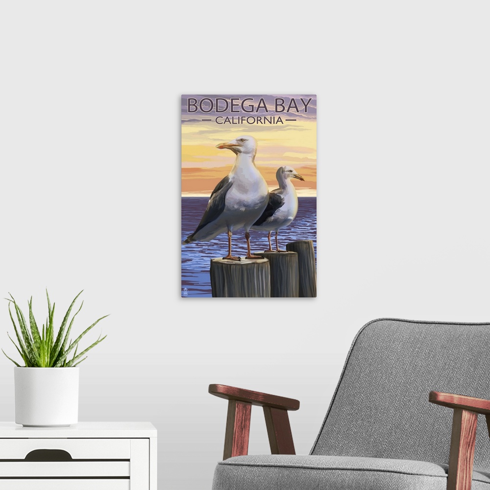 A modern room featuring Bodega Bay, California - Seagull: Retro Travel Poster