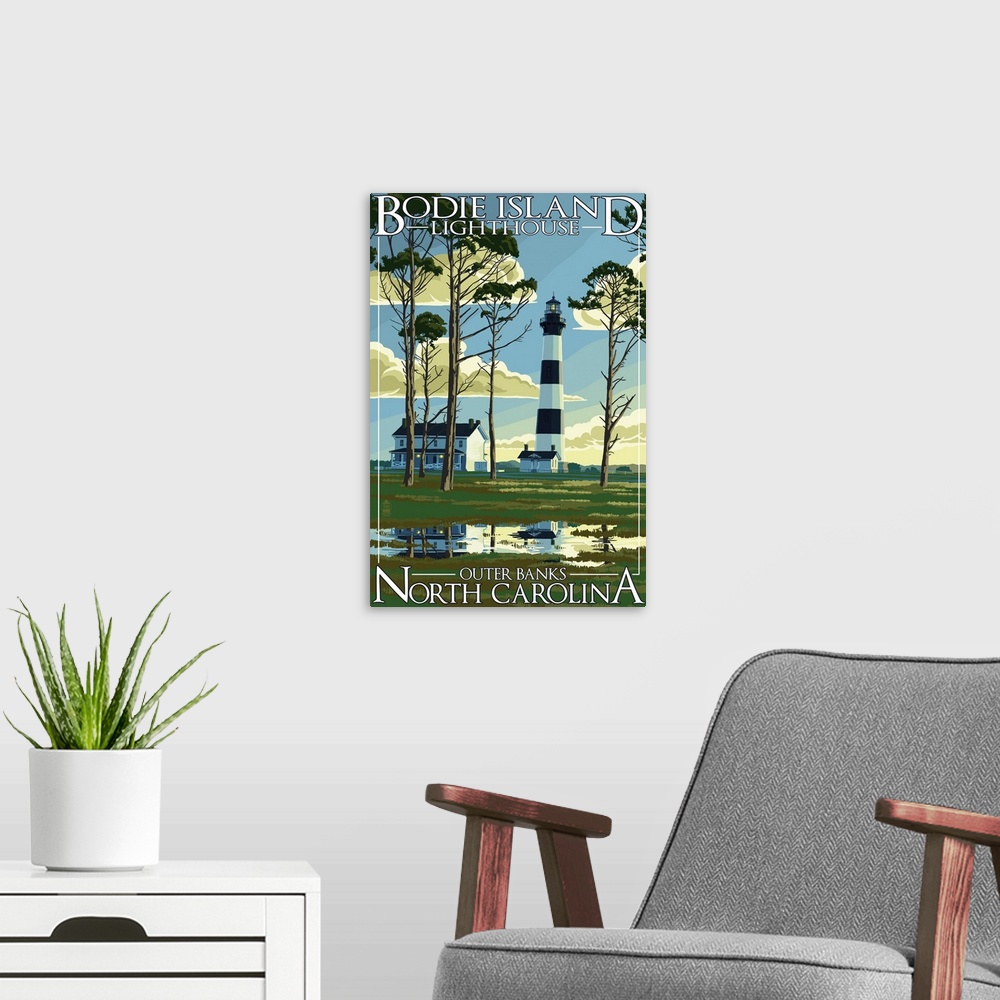 A modern room featuring Bodie Island Lighthouse - Outer Banks, North Carolina: Retro Travel Poster