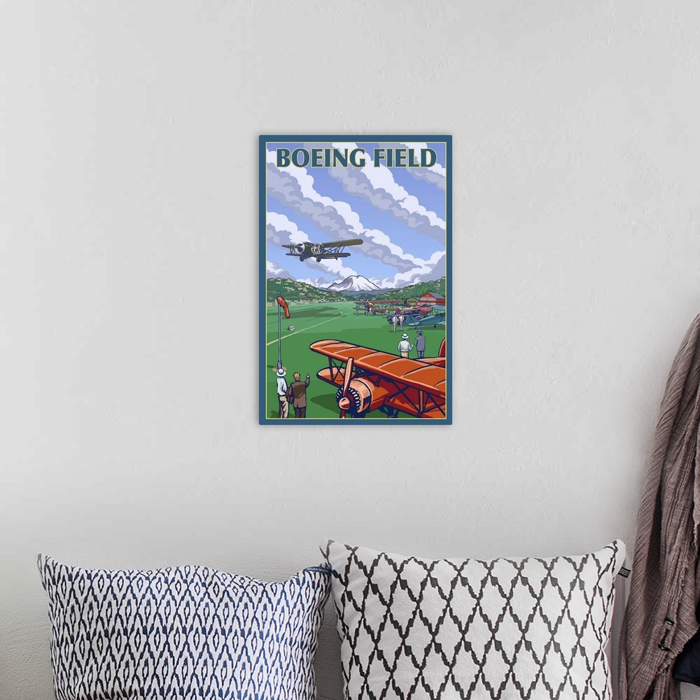 A bohemian room featuring Boeing Field - Seattle, Washington: Retro Travel Poster