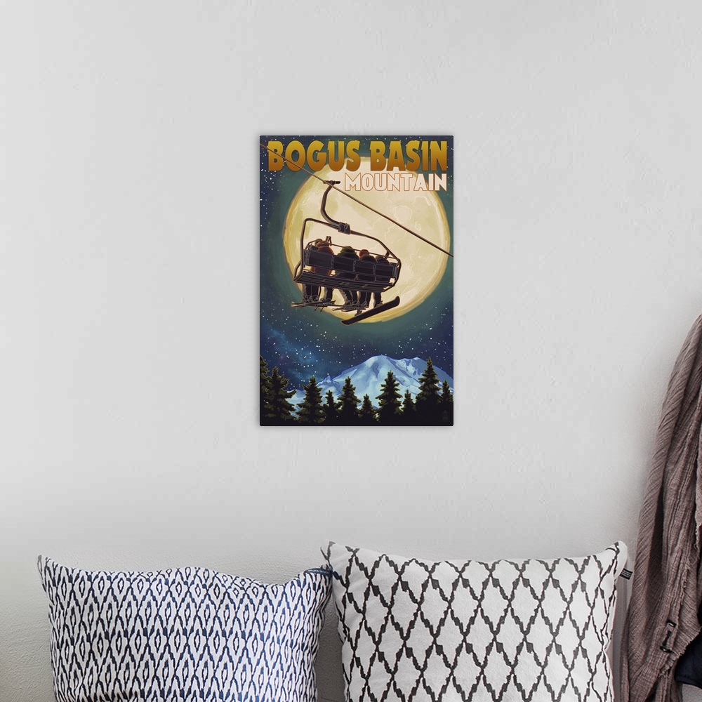 A bohemian room featuring Bogus Basin, Idaho - Ski Lift and Full Moon w/ Snowboarder: Retro Travel Poster