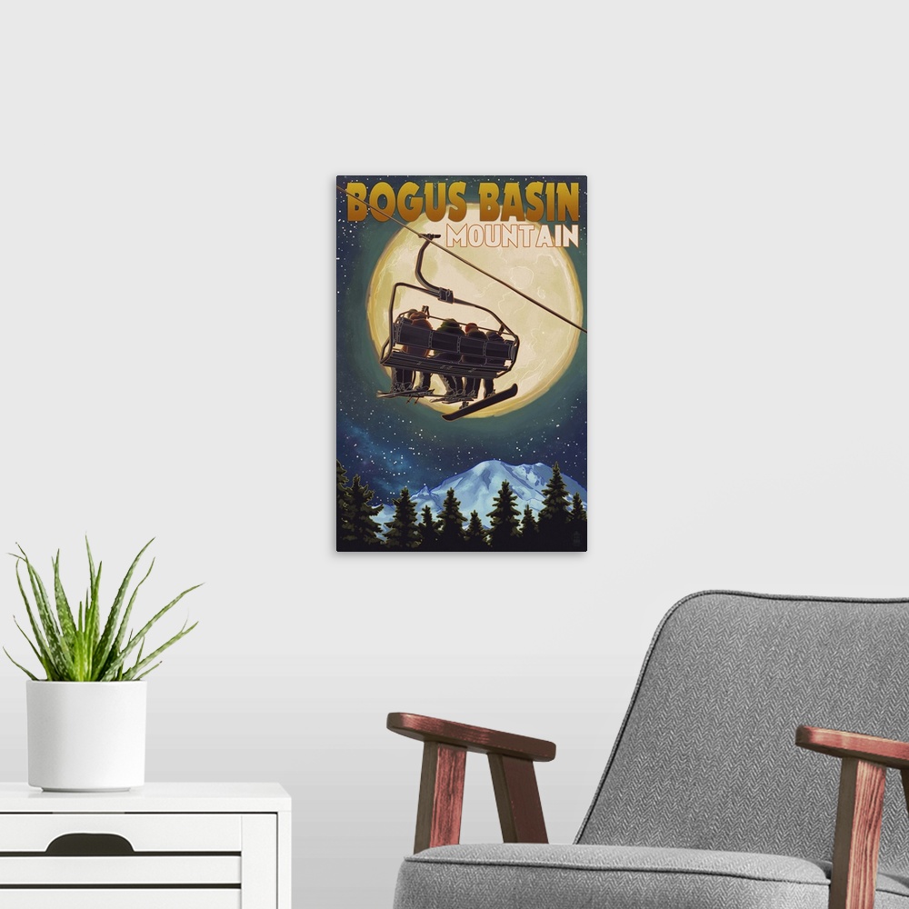 A modern room featuring Bogus Basin, Idaho - Ski Lift and Full Moon w/ Snowboarder: Retro Travel Poster