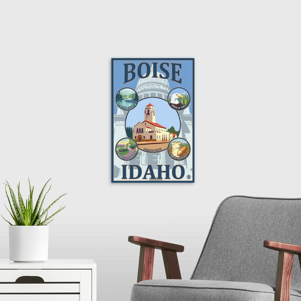 A modern room featuring Boise, Idaho: Retro Travel Poster