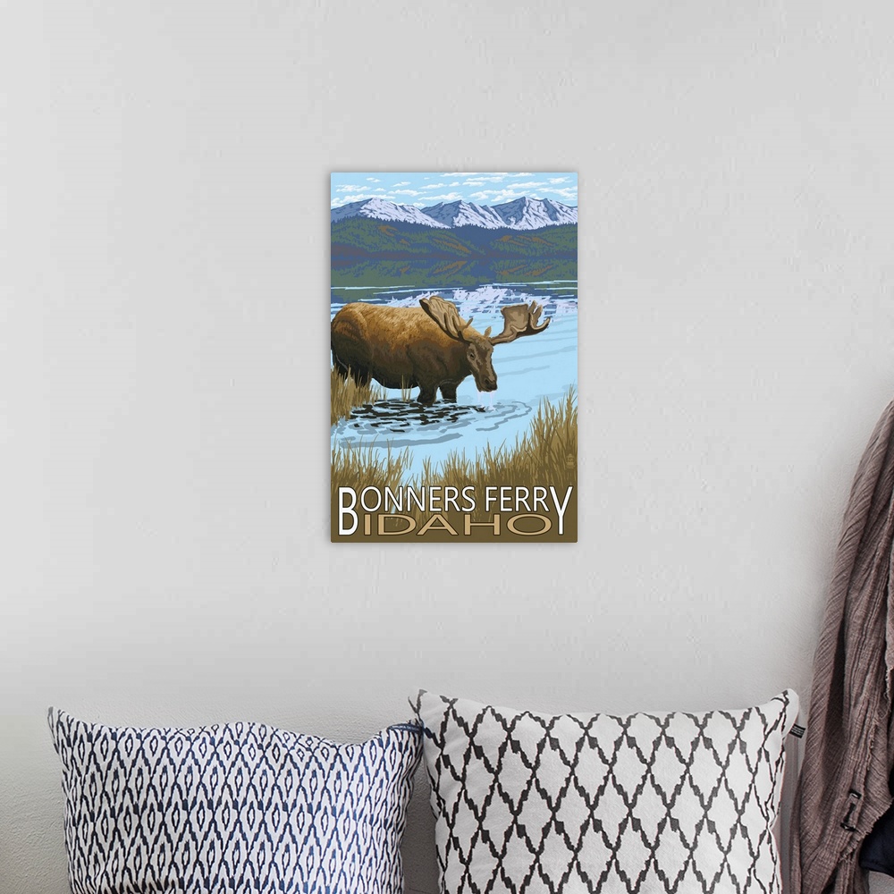 A bohemian room featuring Retro stylized art poster of a moose wading through a marshy pond lined by forest and snow covere...