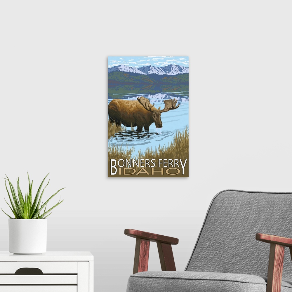 A modern room featuring Retro stylized art poster of a moose wading through a marshy pond lined by forest and snow covere...
